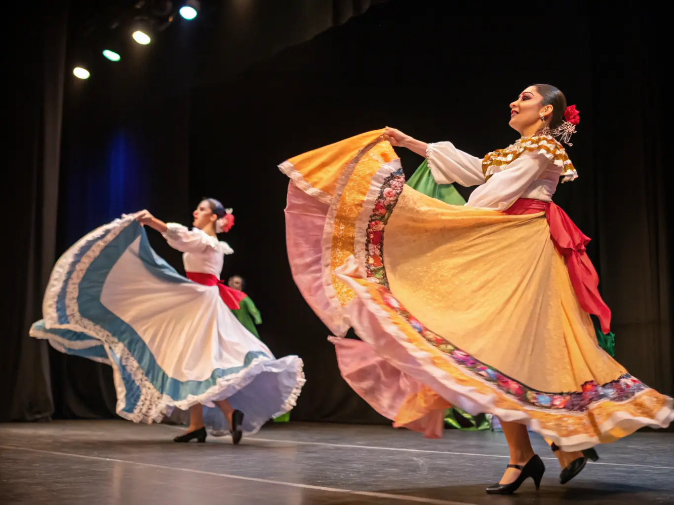 A captivating image of an advanced country dance performance, with skilled dancers showcasing intricate choreography and impressive footwork on a stage.