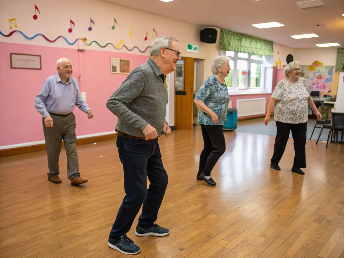 A dynamic image showcasing a beginner's country dance class in session, with participants learning basic steps and enjoying the music, set in a rustic dance hall.