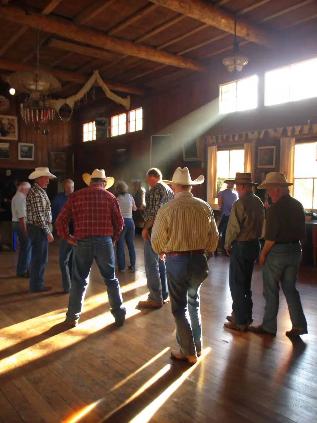 A photograph of a beginner's country dance class in progress, with participants learning basic steps and the instructor demonstrating a move. The setting is a brightly lit dance hall with a wooden floor.